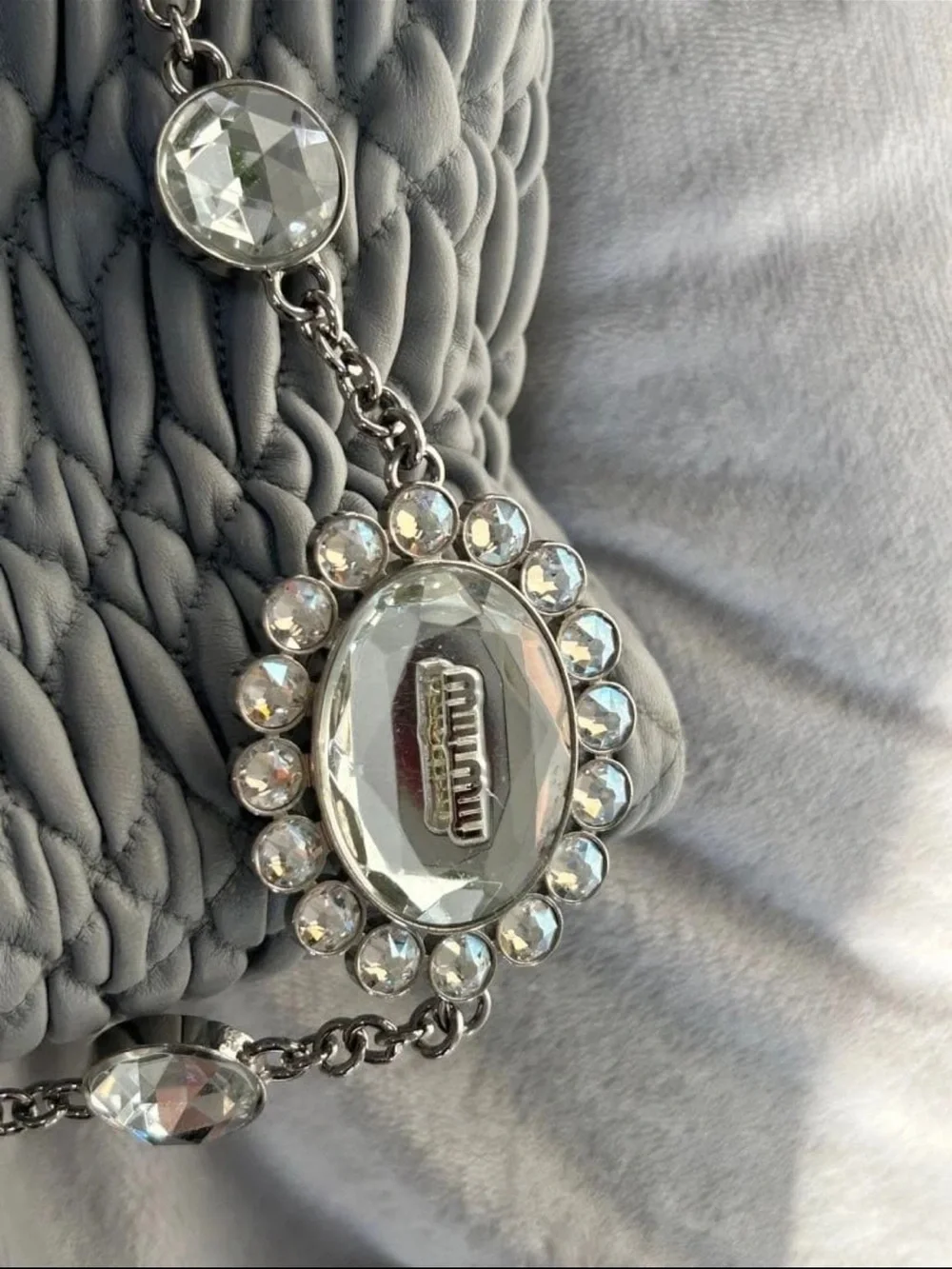 Miu Miu Quilted Gray Ruched Leather Satchel with Crystal Chain